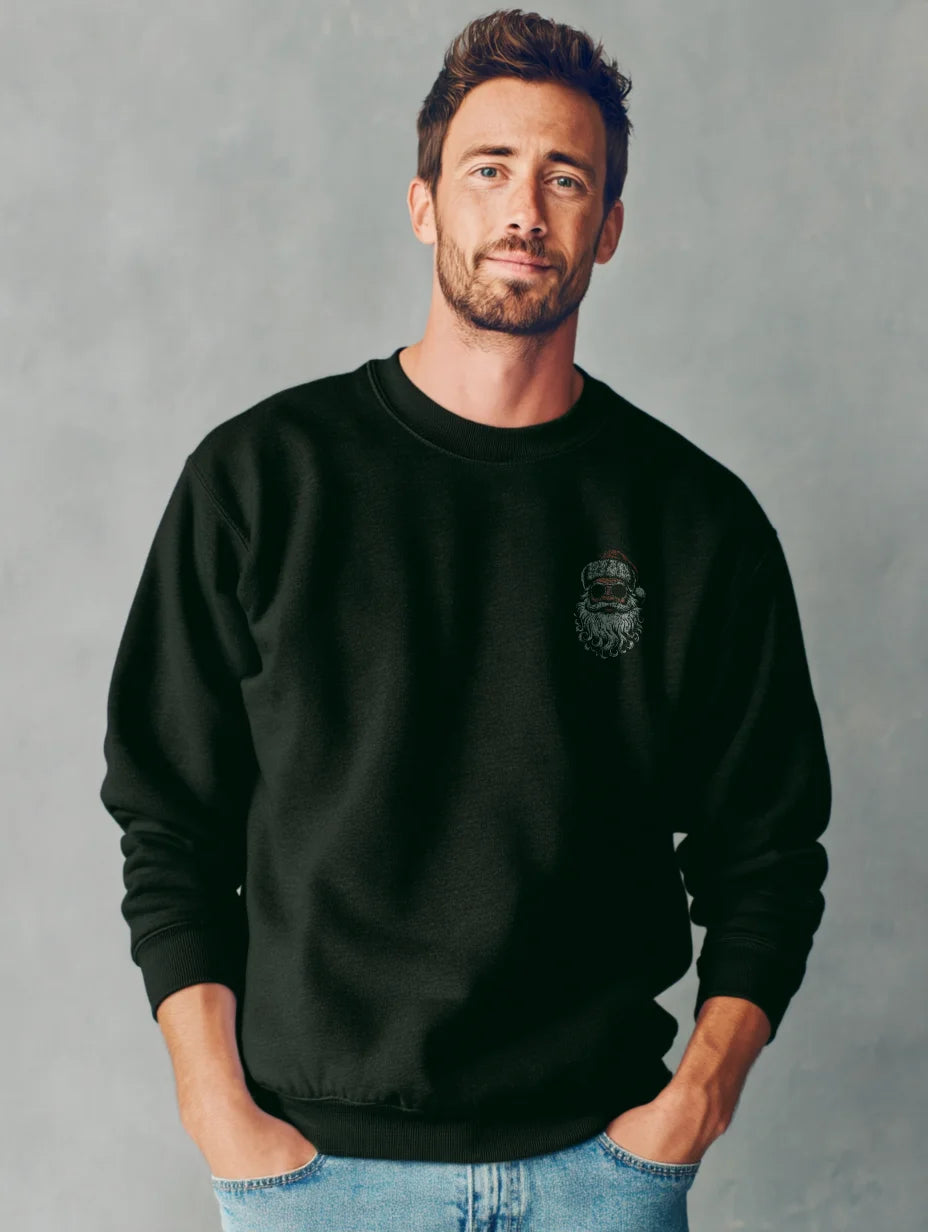 Black crewneck sweatshirt with small front Santa graphic — Ask Your Mom If I’m Real