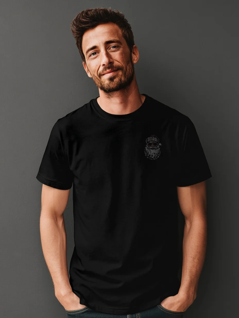 Black t-shirt with small front Santa chest print — Ask Your Mom If I’m Real