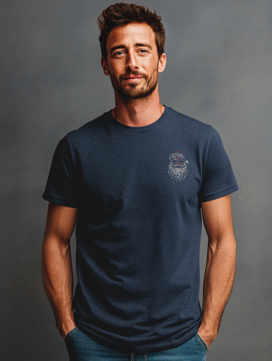 Heather Navy t-shirt with small front Santa chest print — Ask Your Mom If I’m Real