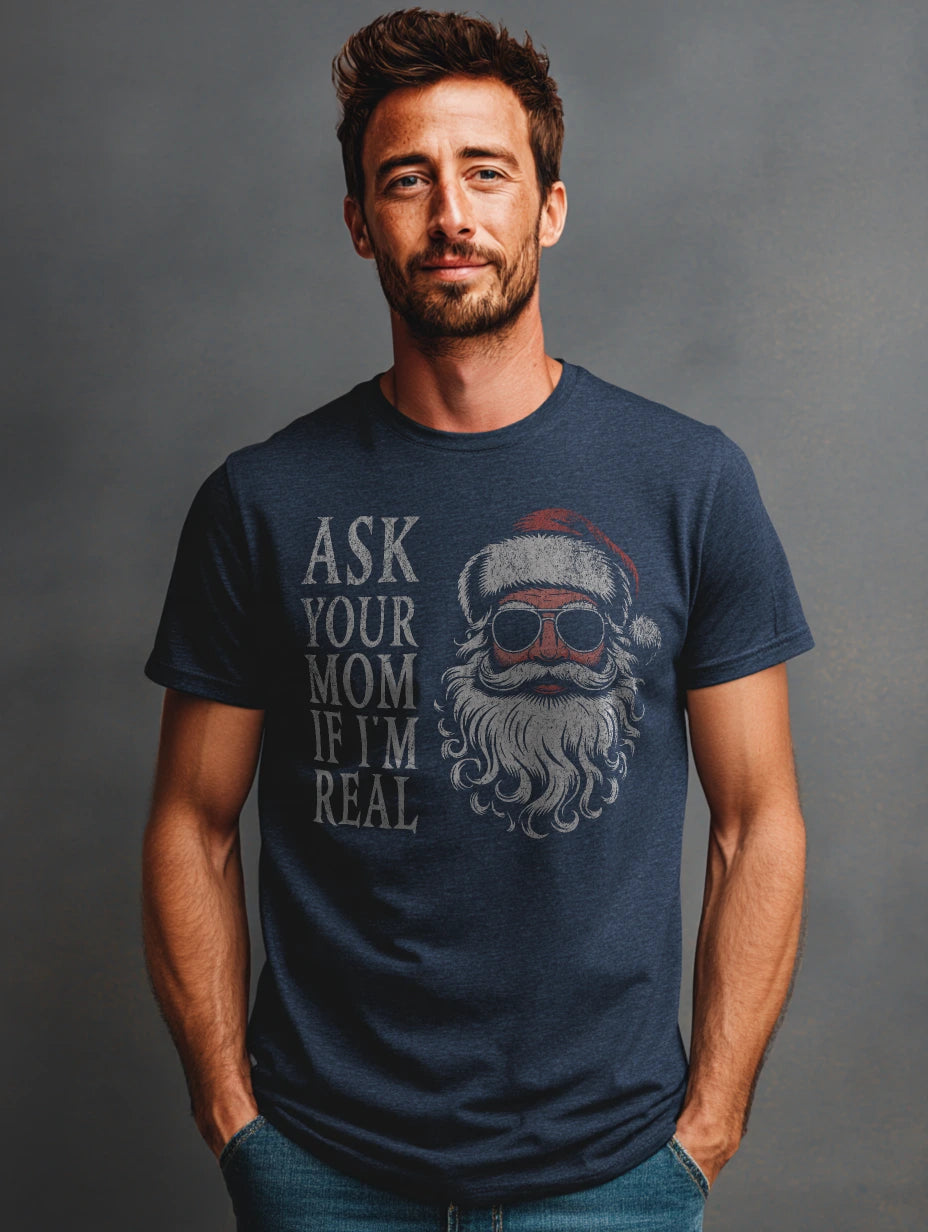 Heather Navy t-shirt with vintage Santa in sunglasses and “Ask Your Mom If I’m Real” front print — Ask Your Mom If I’m Real Santa