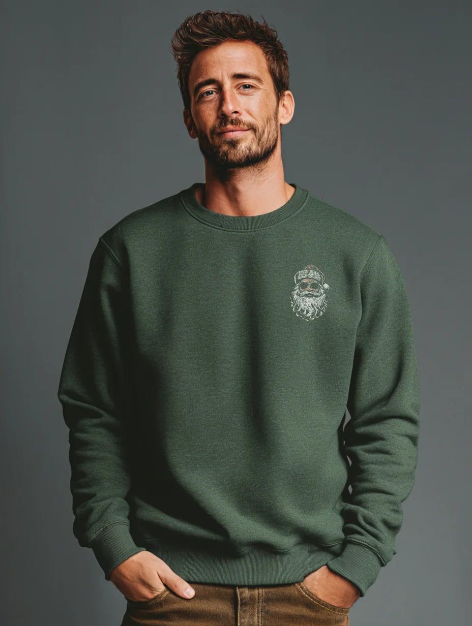 Military Green crewneck sweatshirt with small front Santa graphic — Ask Your Mom If I’m Real