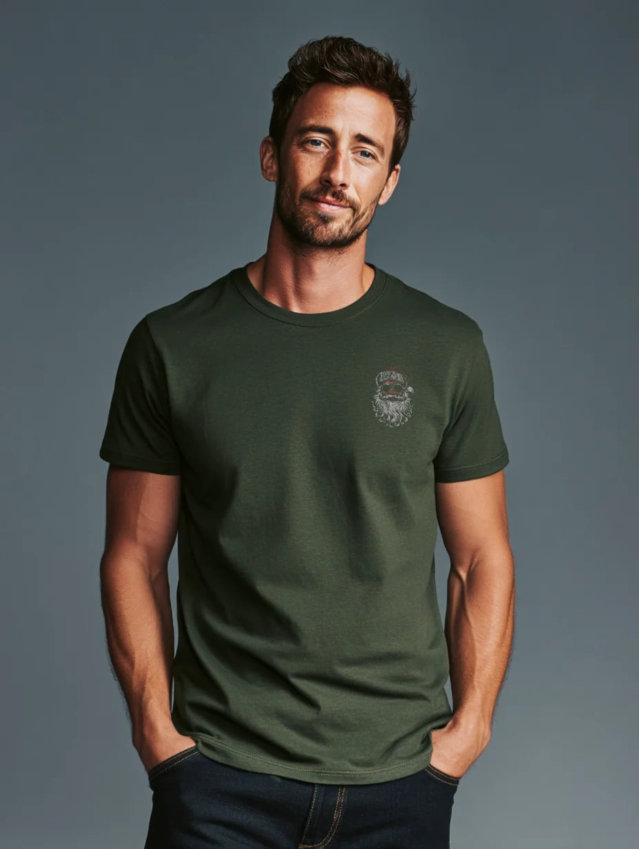 Military Green t-shirt with small front Santa chest print — Ask Your Mom If I’m Real