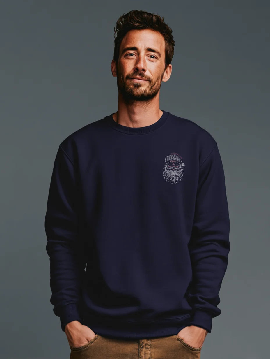 Navy crewneck sweatshirt with small front Santa graphic — Ask Your Mom If I’m Real