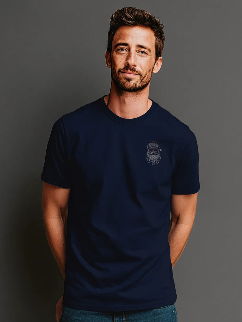 Navy t-shirt with small front Santa chest print — Ask Your Mom If I’m Real