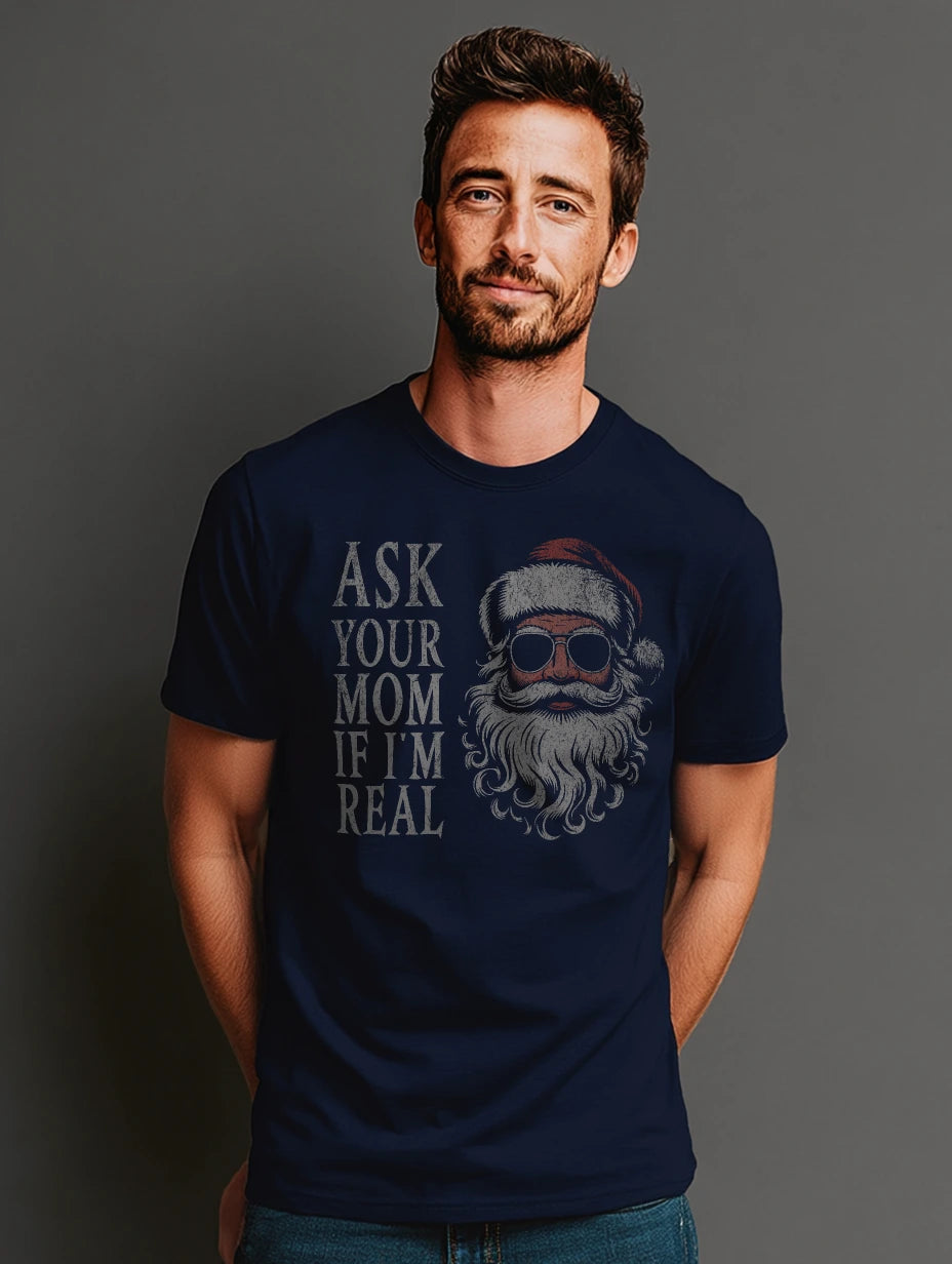 Navy t-shirt with vintage Santa in sunglasses and “Ask Your Mom If I’m Real” front print — Ask Your Mom If I’m Real Santa