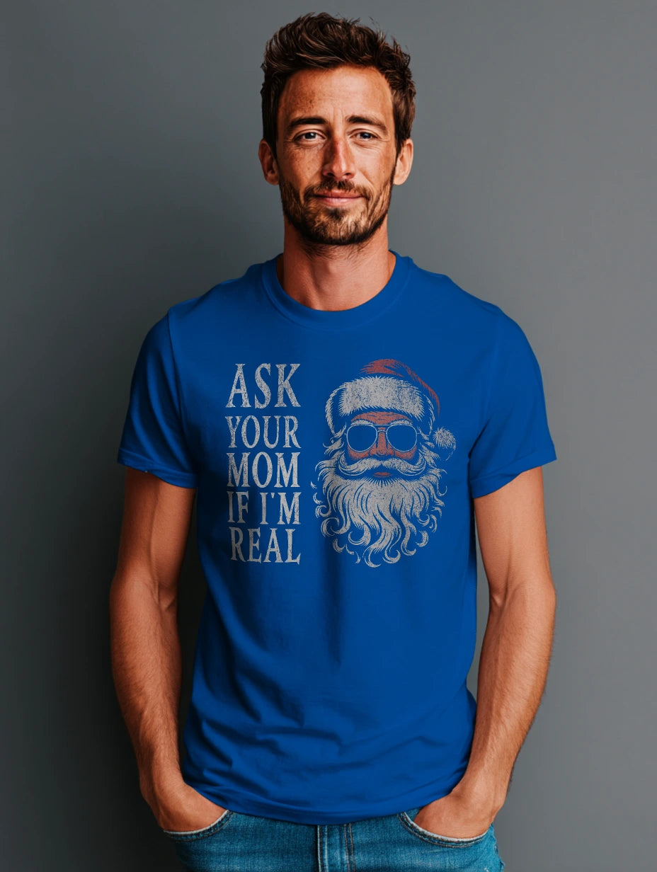 Royal t-shirt with vintage Santa in sunglasses and “Ask Your Mom If I’m Real” front print — Ask Your Mom If I’m Real Santa