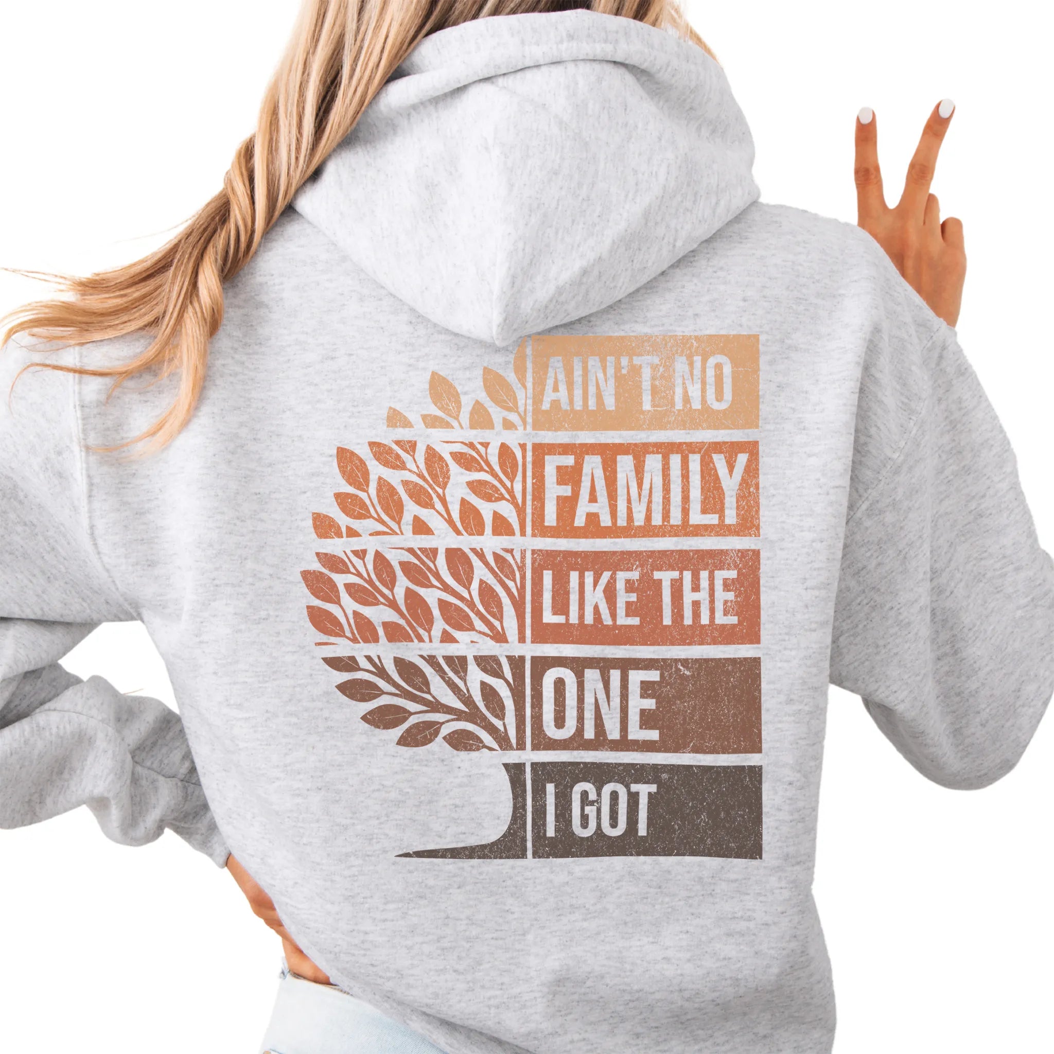 Ash Oakley June hoodie oversized back print Ain’t No Family Like the One I Got with tree graphic