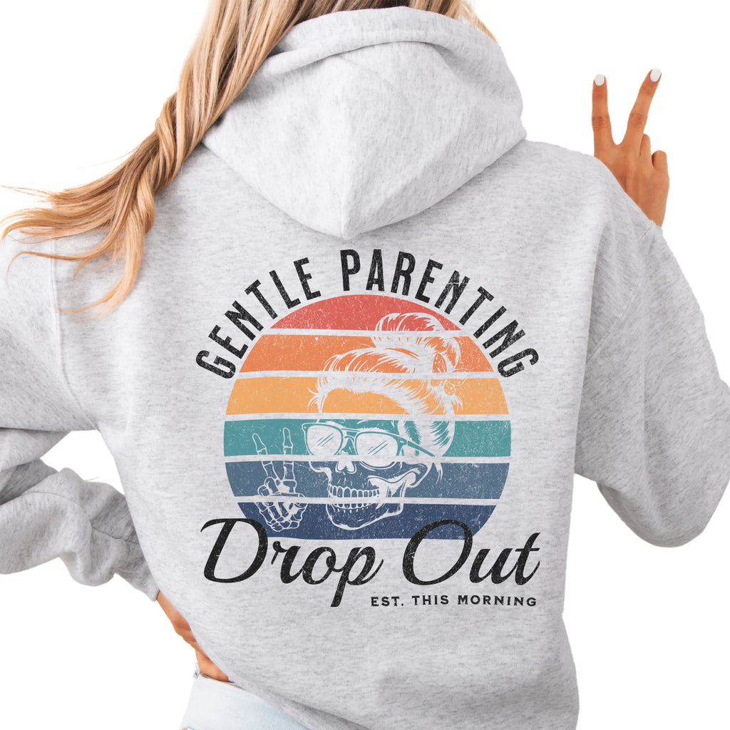 Ash Oakley June Hoodie back view Gentle Parenting Drop Out large round retro stripe badge skull with messy bun peace sign script Est This Morning distressed print