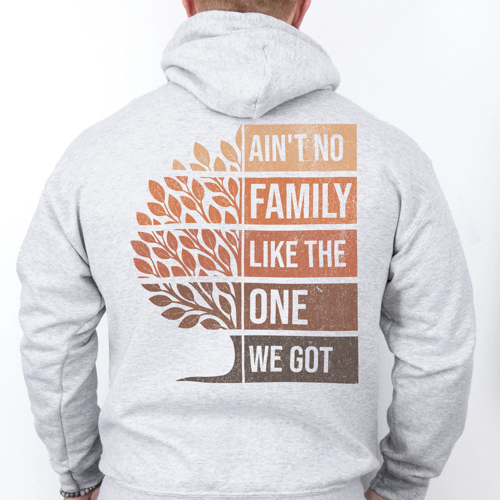 Ash Oakley June hoodie oversized back print Ain’t No Family Like the One We Got with tree graphic