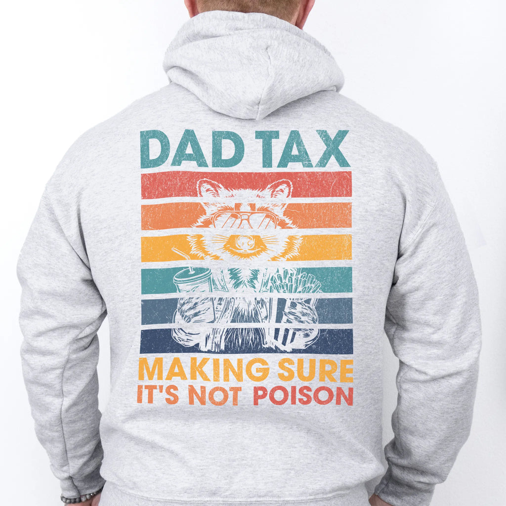 Ash Oakley June Hoodie back view Dad Tax retro stripes raccoon wearing sunglasses holding soda and fries large back print text Making Sure It’s Not Poison distressed graphic