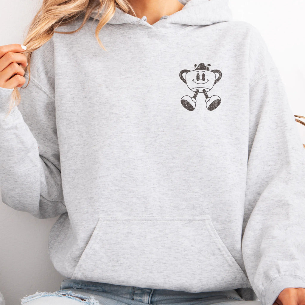 Ash Oakley June Hoodie front view small left chest coffee cup mascot Caffeinated Moms Club kangaroo pocket drawstrings visible distressed print