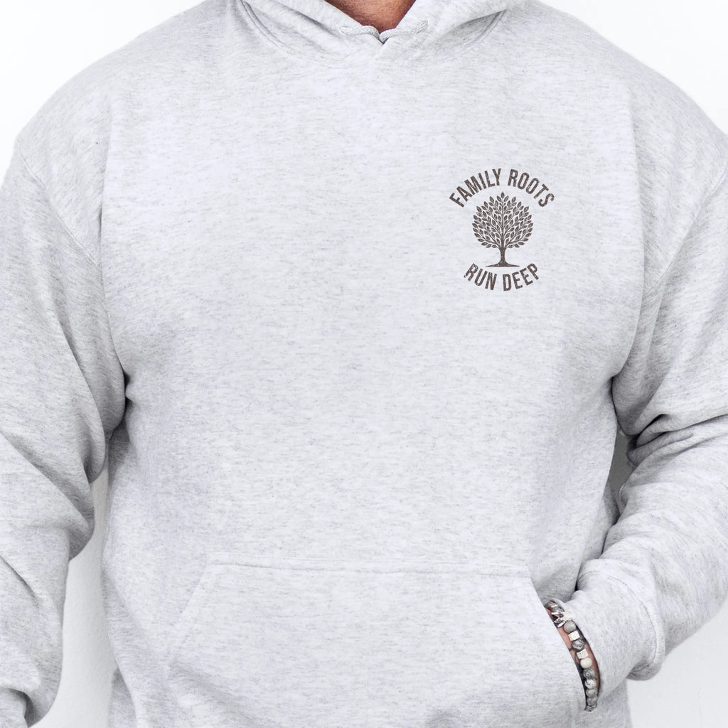 Ash Oakley June hoodie left chest tree badge reading Family Roots Run Deep