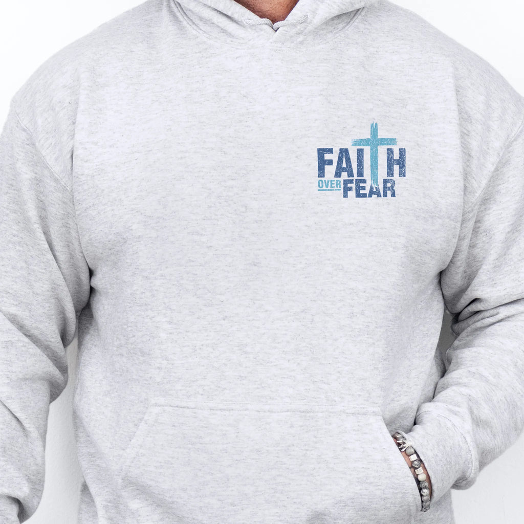 Ash Oakley June hoodie, mens fit, left chest badge reads Faith Over Fear with cross, kangaroo pocket and relaxed modern fit, studio front view