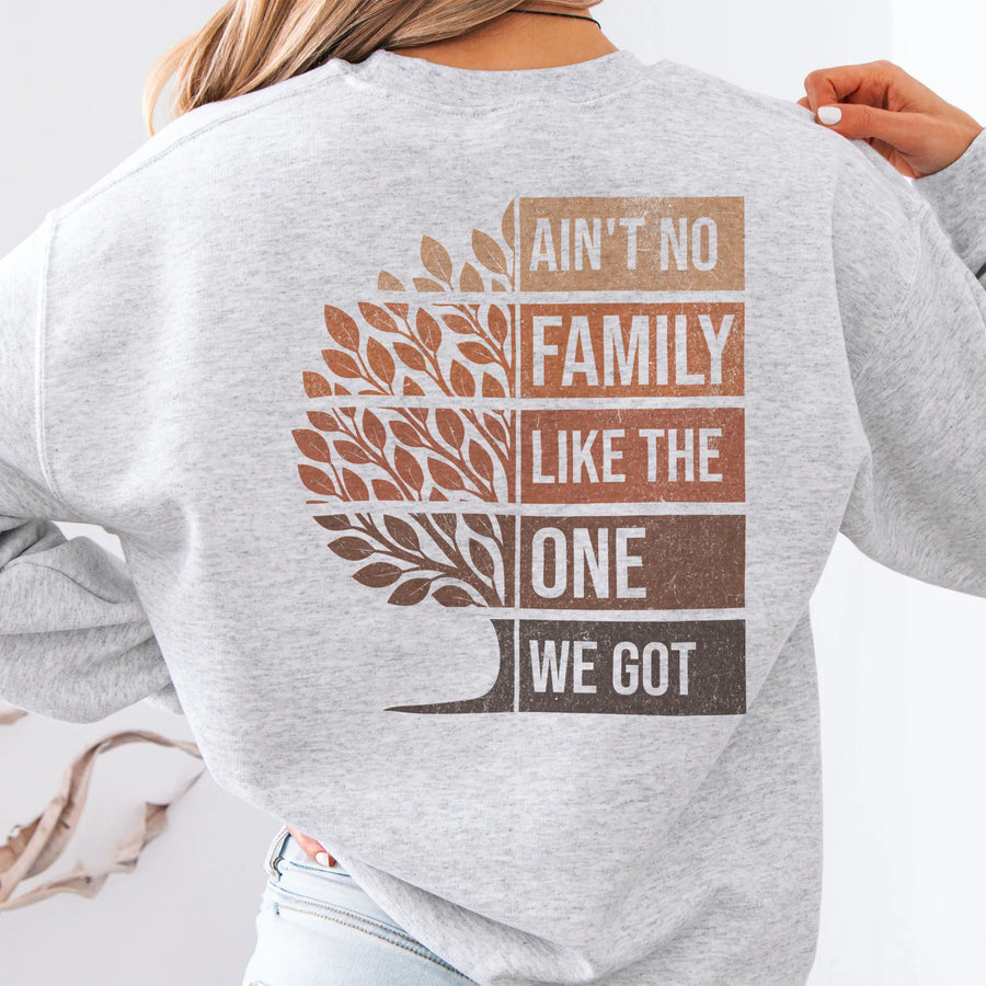 Ash Oakley June sweatshirt oversized back print Ain’t No Family Like the One We Got with tree graphic