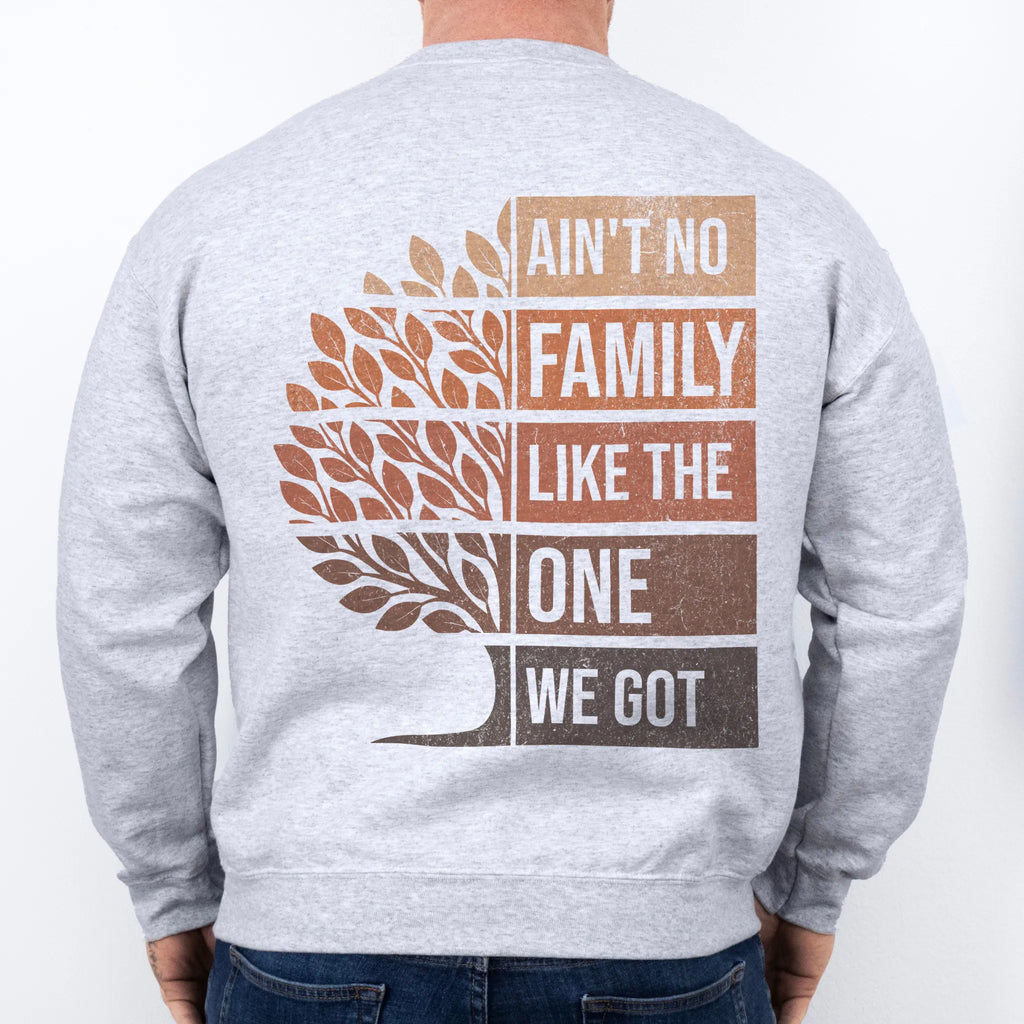 Ash Oakley June sweatshirt oversized back print Ain’t No Family Like the One We Got with tree graphic