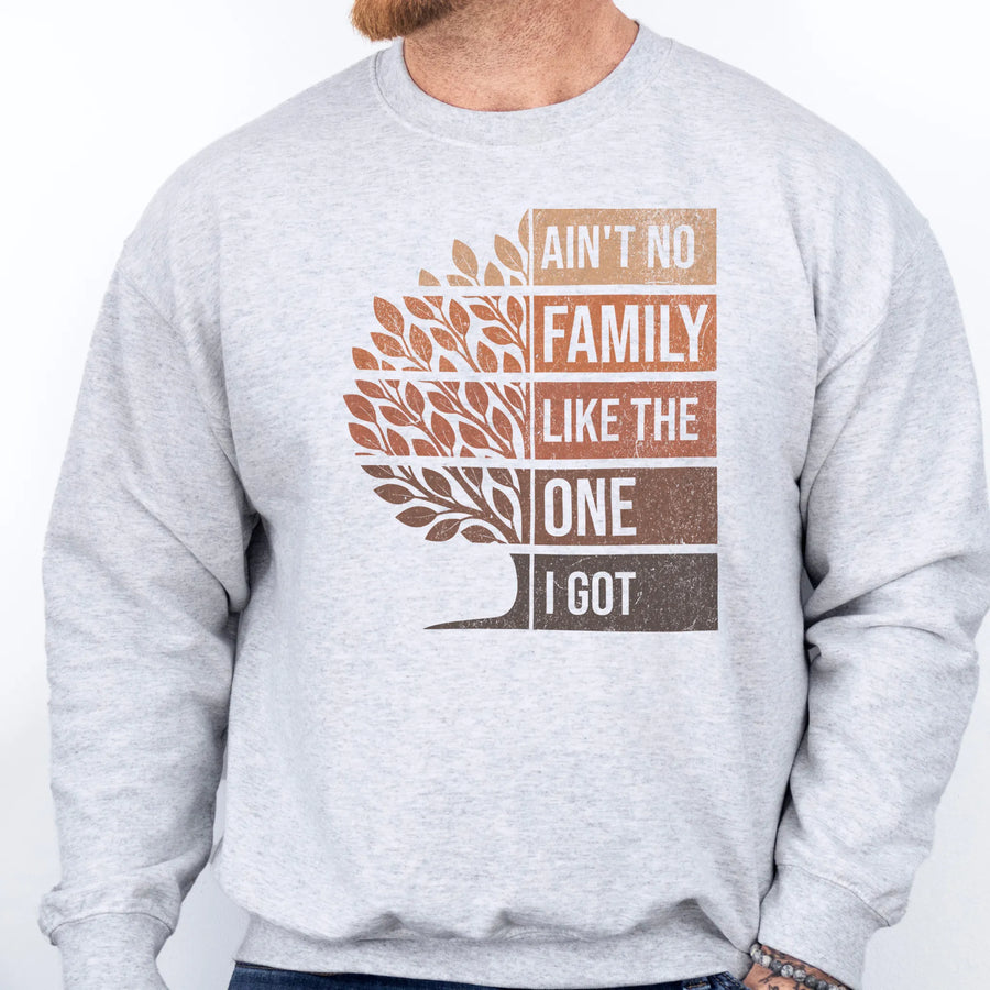 Ash Oakley June Sweatshirt – front only oversized tree graphic with text Ain’t No Family Like the One I Got, cozy unisex crewneck