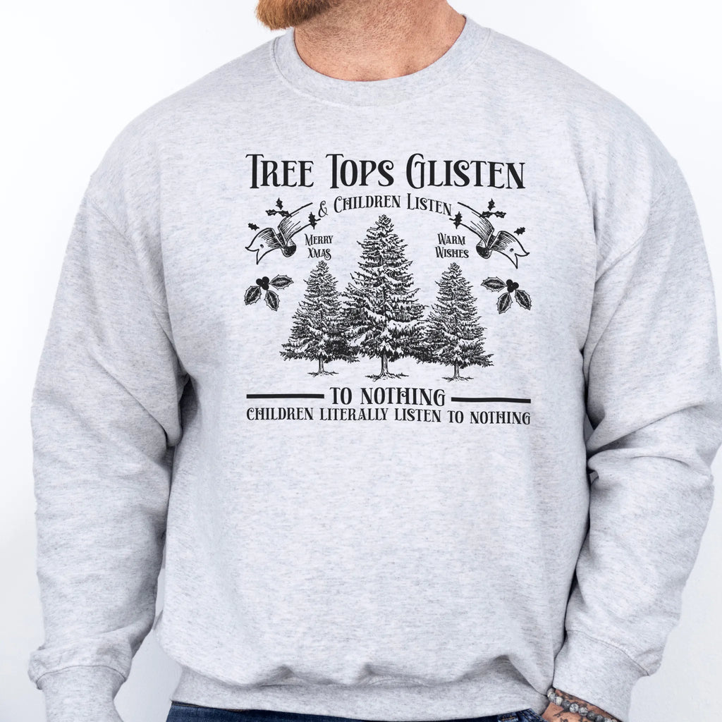 Ash men’s sweatshirt front print Tree Tops Glisten and Children Listen to Nothing with vintage evergreens