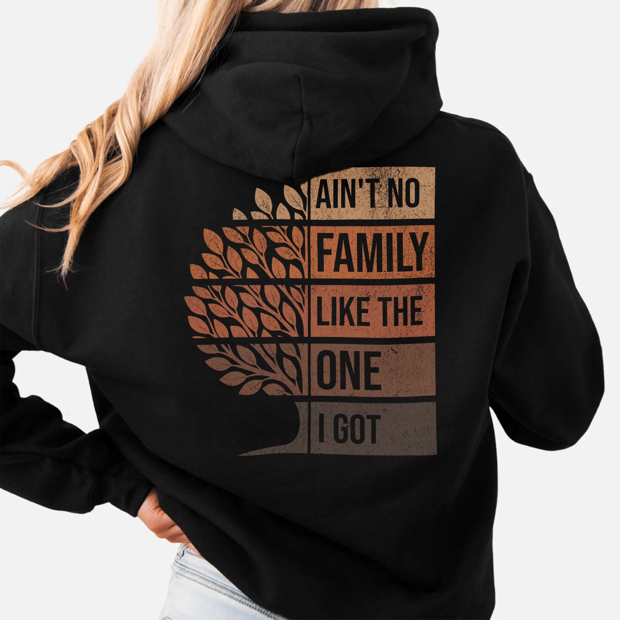 Black Oakley June hoodie oversized back print Ain’t No Family Like the One I Got with tree graphic