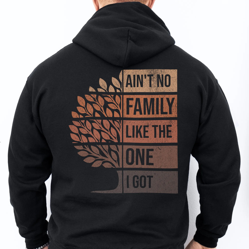 Black Oakley June Hoodie – oversized back print Ain’t No Family Like the One I Got with distressed tree design