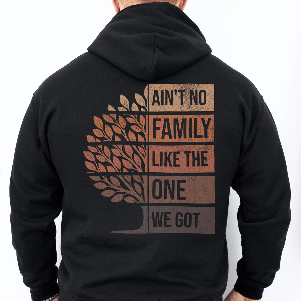 Black Oakley June hoodie oversized back print Ain’t No Family Like the One We Got with tree graphic