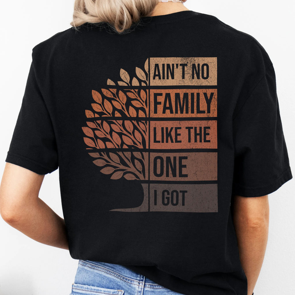 Black Oakley June T-Shirt – oversized back print Ain’t No Family Like the One I Got with distressed tree design