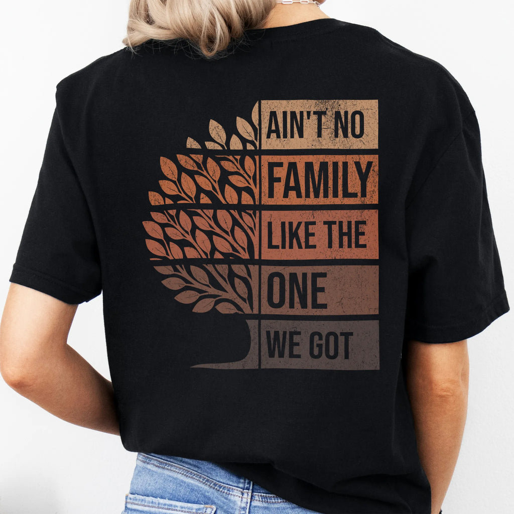 Black Oakley June tee oversized back print Ain’t No Family Like the One We Got with tree graphic