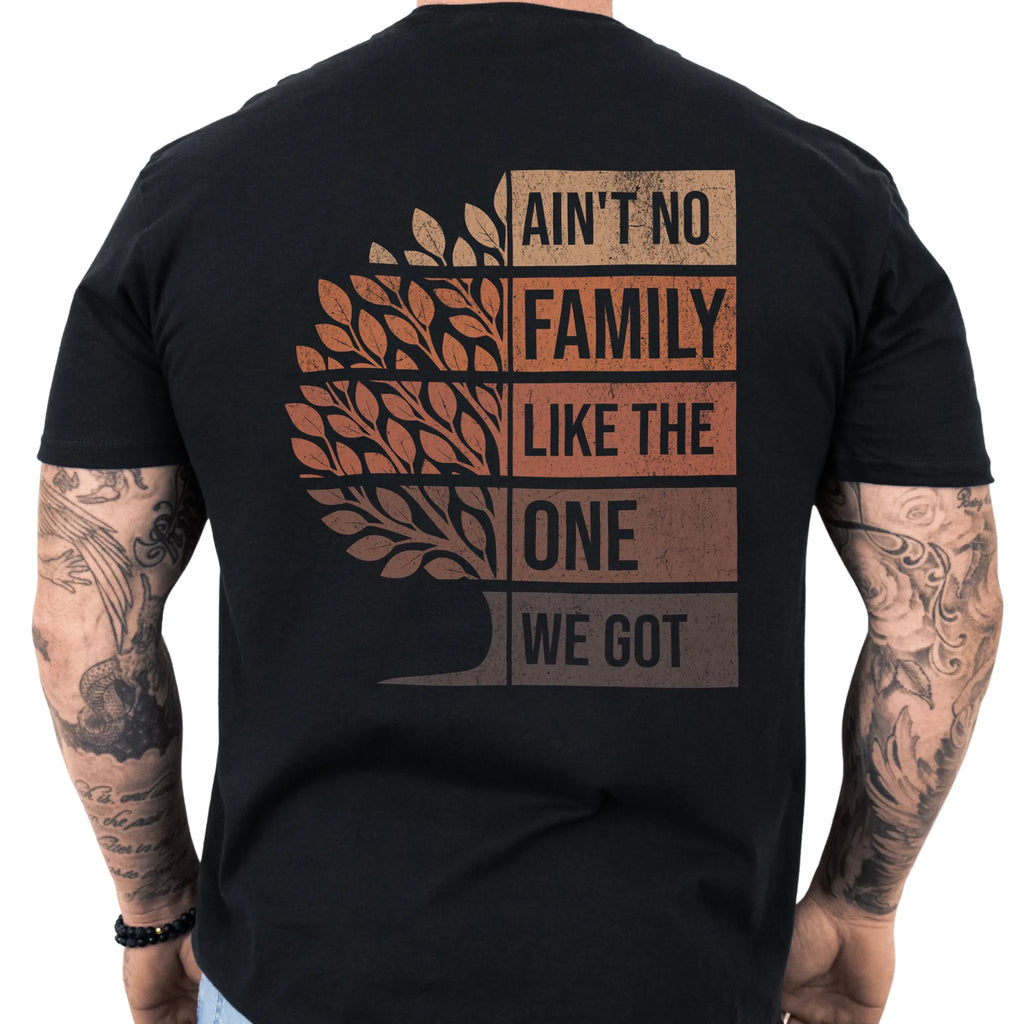 Black Oakley June tee oversized back print Ain’t No Family Like the One We Got with tree graphic