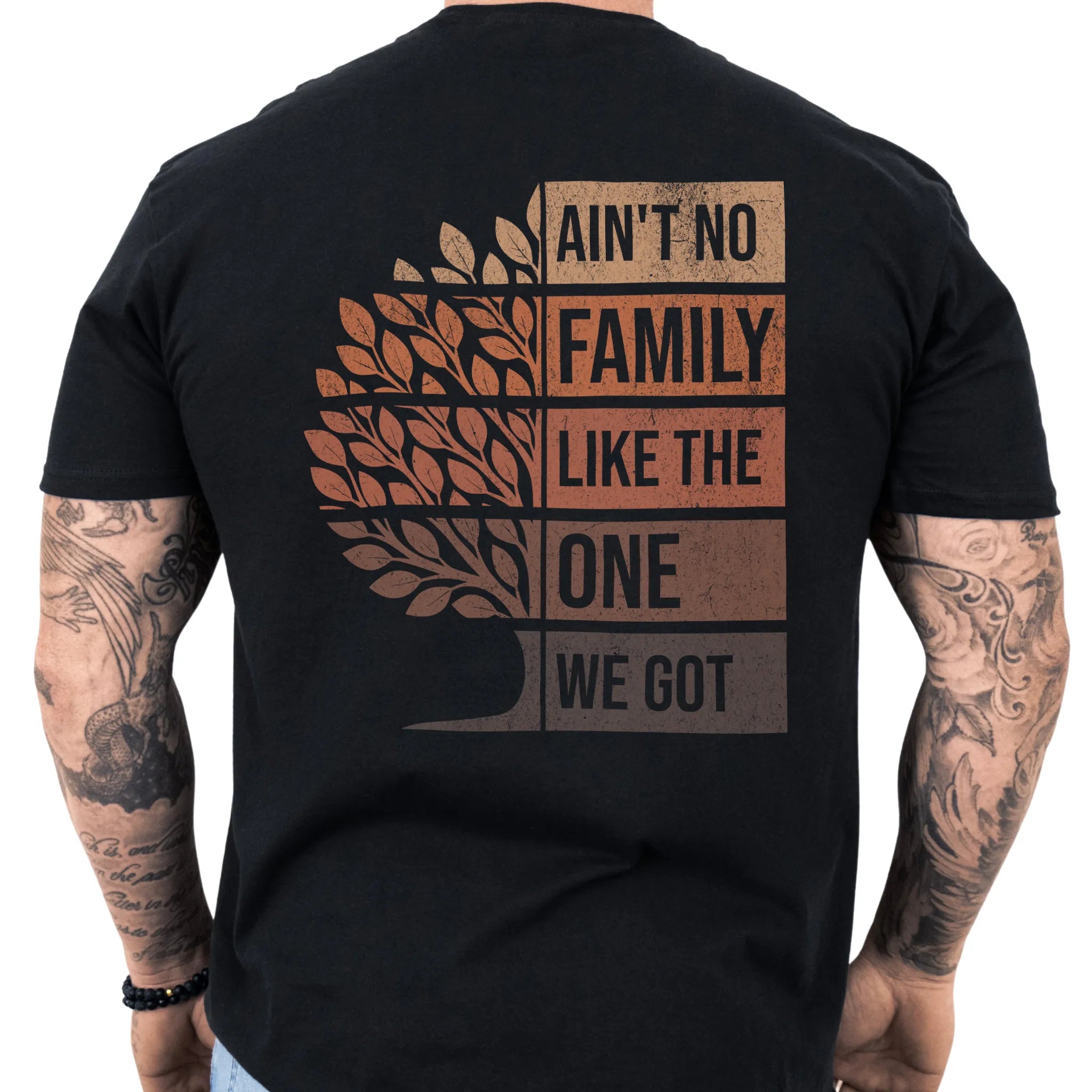 Black Oakley June tee oversized back print Ain’t No Family Like the One We Got with tree graphic