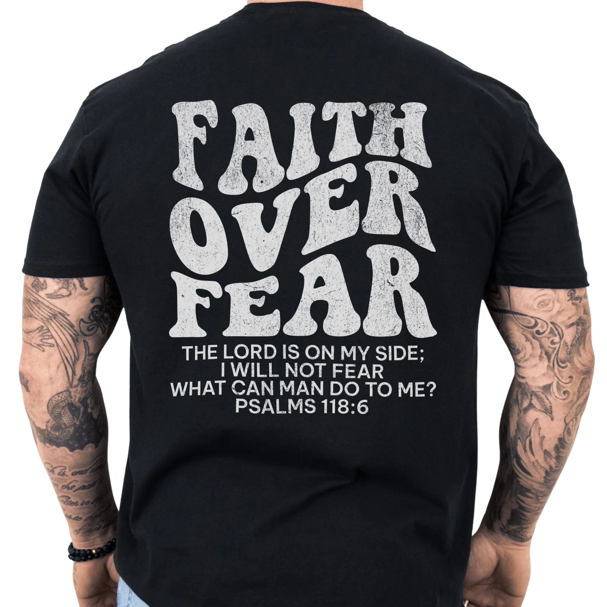 Black Oakley June t shirt, mens fit, large back lettering reads Faith Over Fear with supporting scripture lines, studio back view