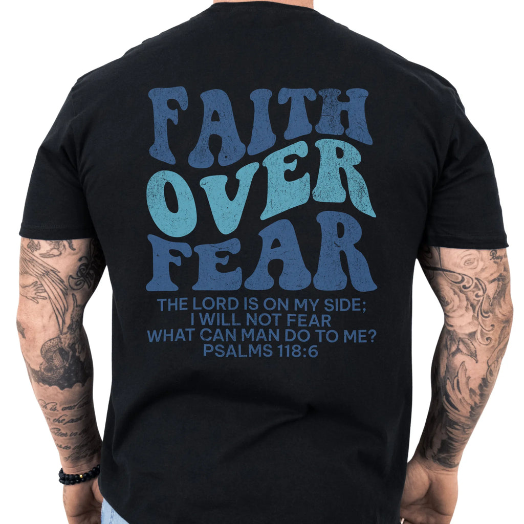 Black Oakley June t shirt, mens fit, large back lettering reads Faith Over Fear with supporting scripture lines, studio back view