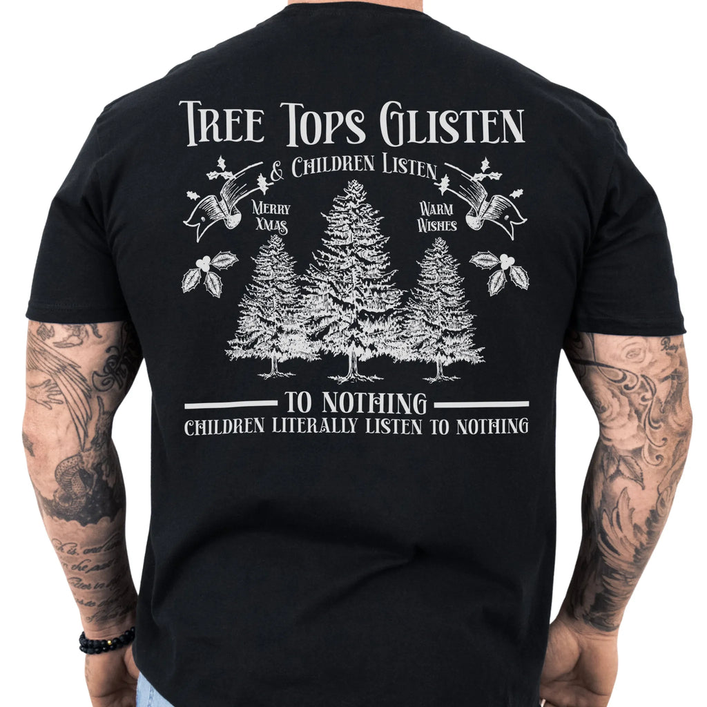 Black Oakley June tee large back print Tree Tops Glisten and Children Listen to Nothing with three evergreen trees, doves, and holly