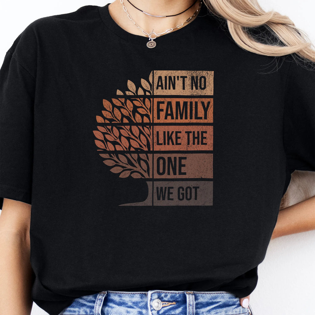 Black Oakley June tee bold front print Ain’t No Family Like the One We Got with tree graphic
