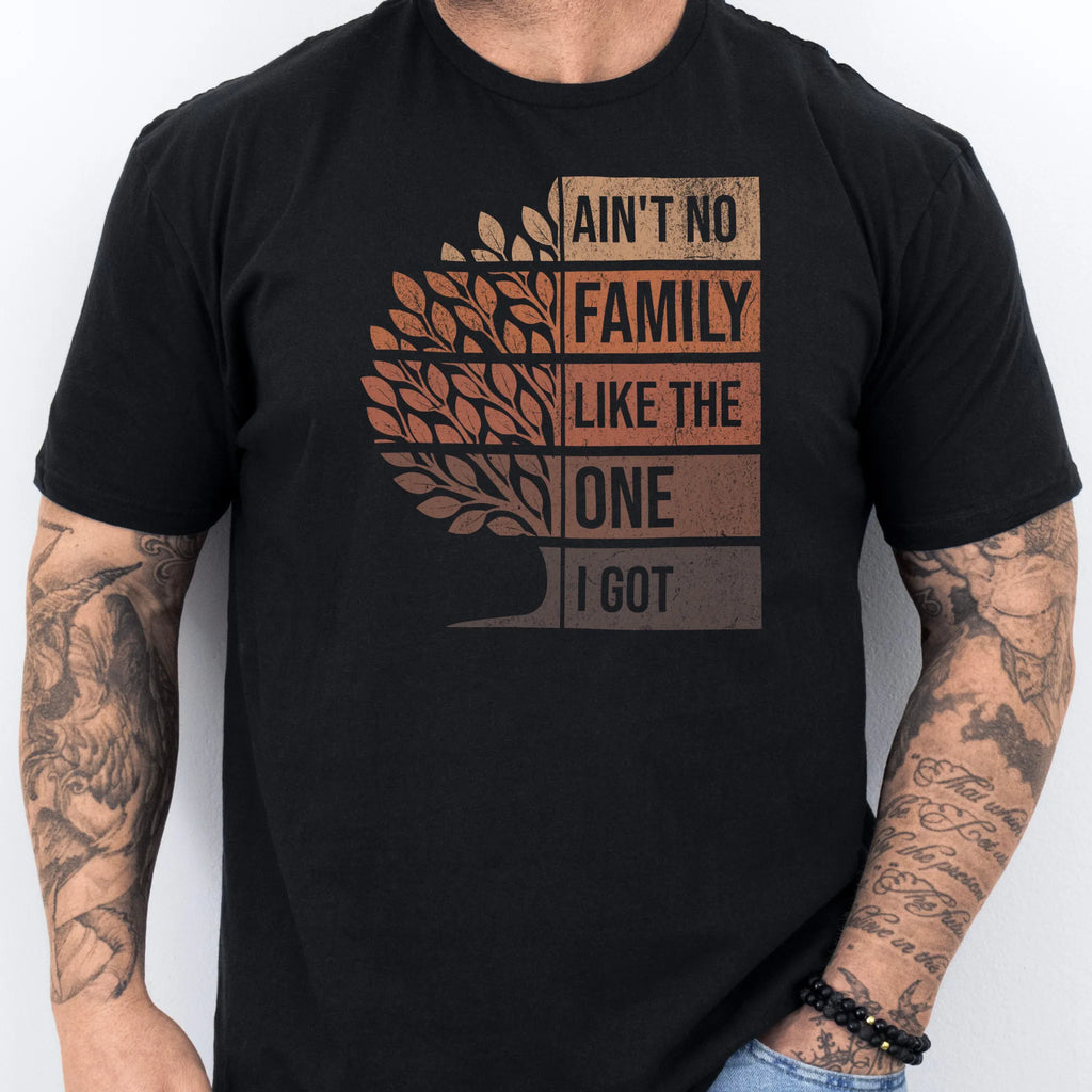 Black Oakley June t shirt, Ain’t No Family Like the One I Got retro tree graphic, front view