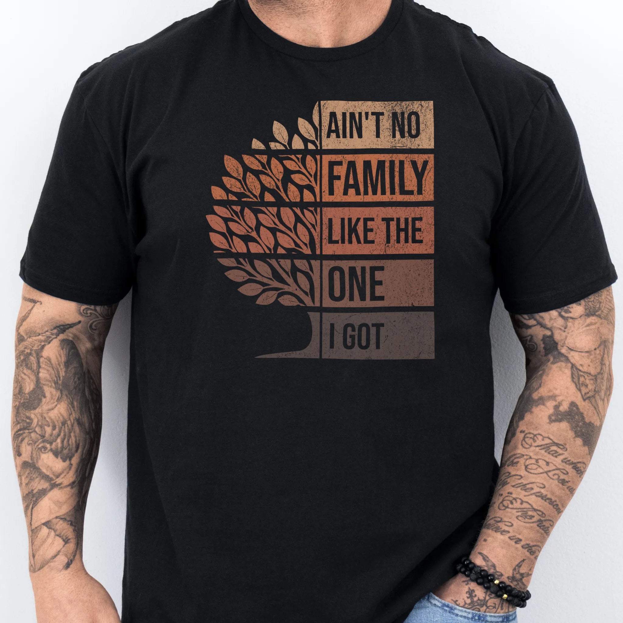 Black Oakley June t shirt, Ain’t No Family Like the One I Got retro tree graphic, front view