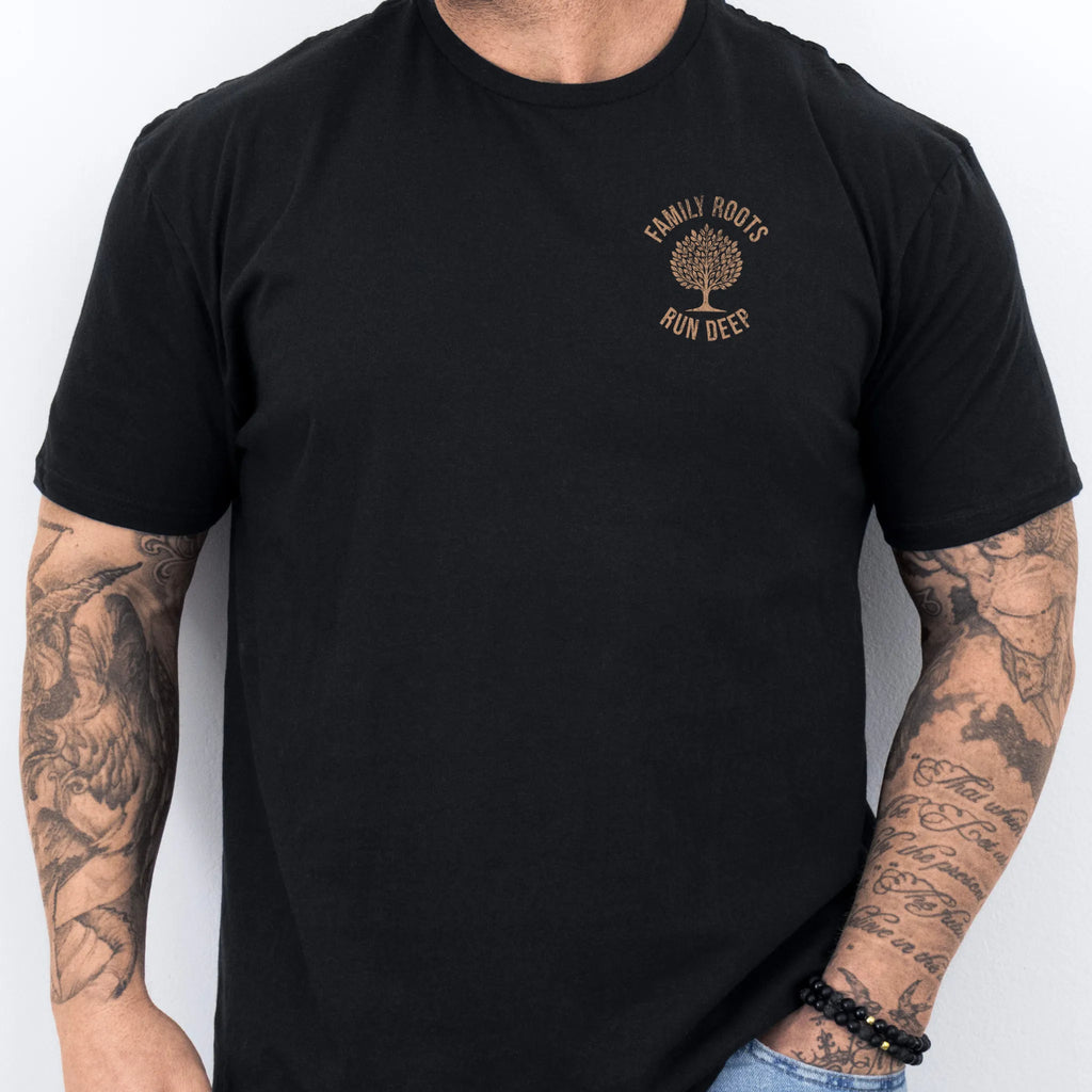Black Oakley June tee left chest tree badge reading Family Roots Run Deep
