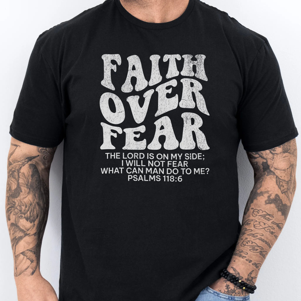 Black Oakley June t shirt, mens fit, large front lettering reads Faith Over Fear with supporting scripture lines, studio front view
