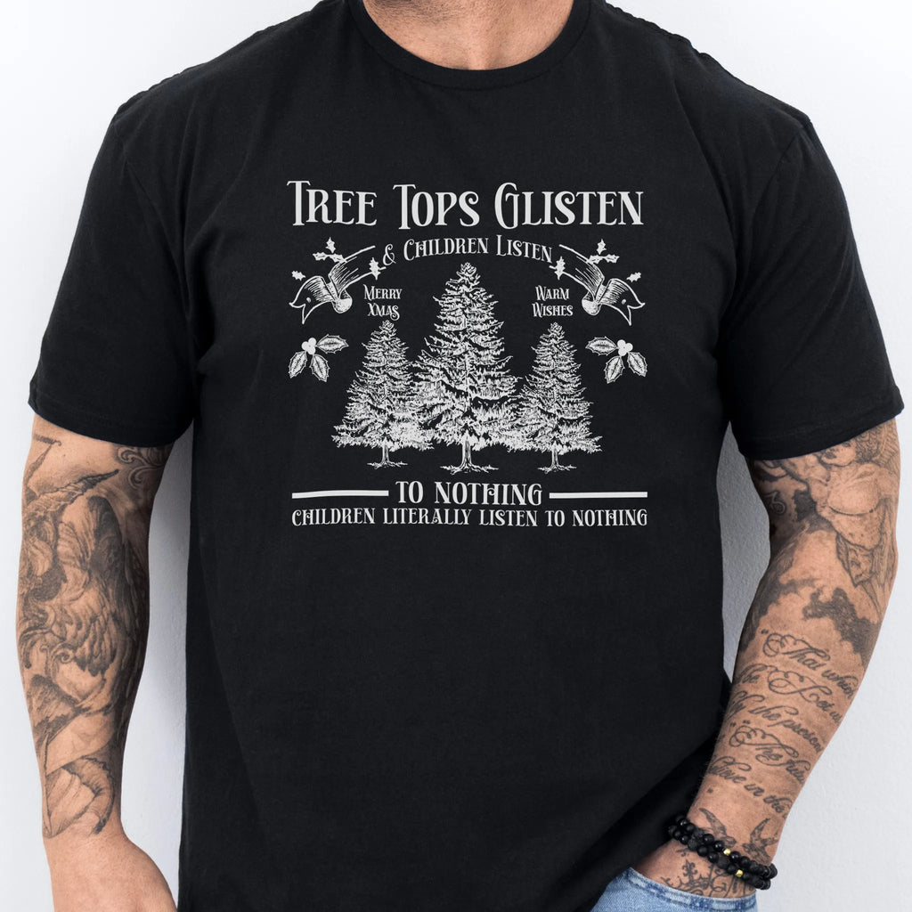 Black men’s tee front print Tree Tops Glisten and Children Listen to Nothing with vintage evergreens