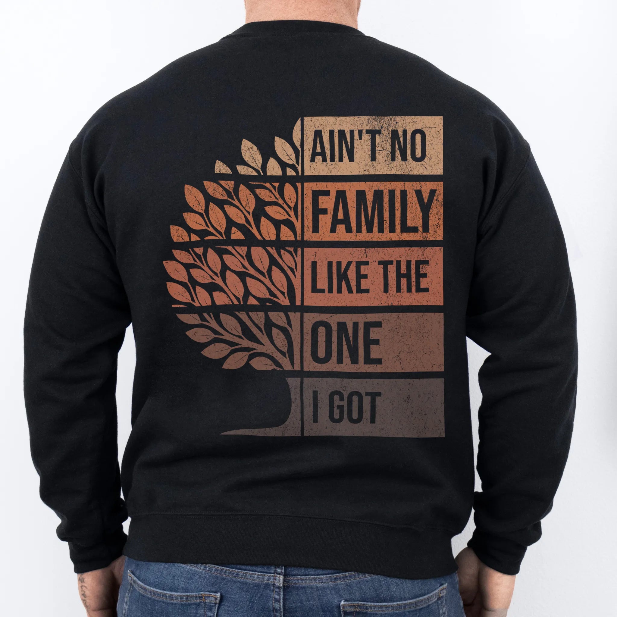 Black Oakley June Sweatshirt – oversized back print Ain’t No Family Like the One I Got with distressed retro gradient tree design