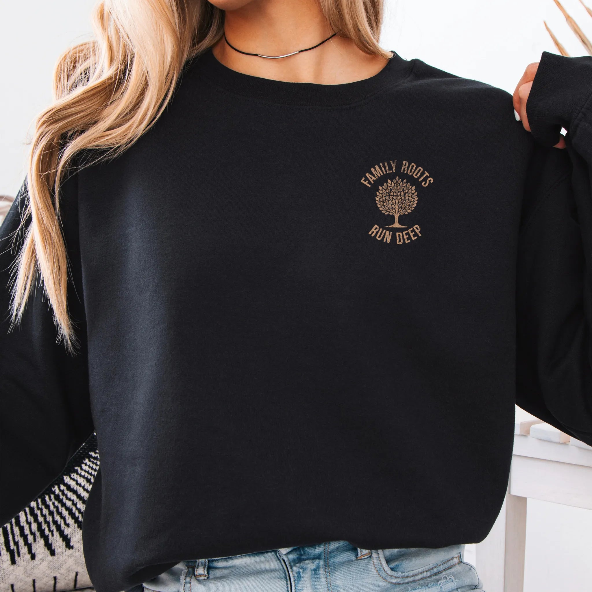 Black Oakley June sweatshirt left chest tree badge reading Family Roots Run Deep