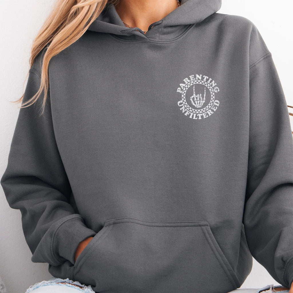 Charcoal Oakley June hoodie, left chest circular badge with the words Parenting Unfiltered, kangaroo pocket and relaxed modern fit, studio front view