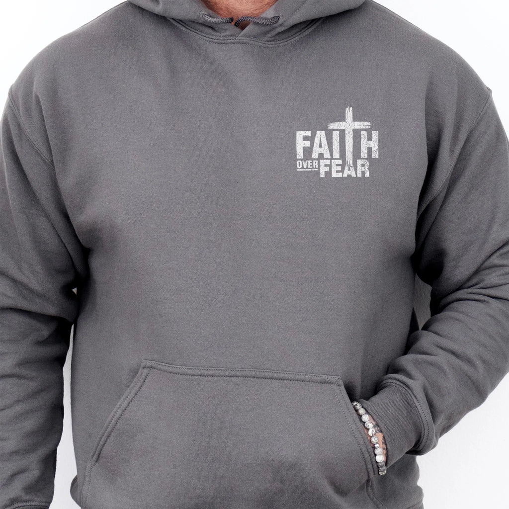 Charcoal Oakley June hoodie, mens fit, left chest badge reads Faith Over Fear with cross, kangaroo pocket, studio front view
