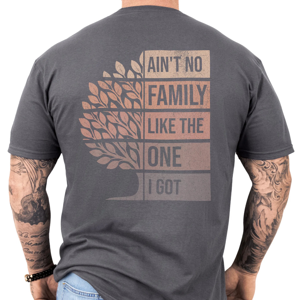 Charcoal Oakley June T-Shirt – Family Roots Run Deep left chest badge, front view
