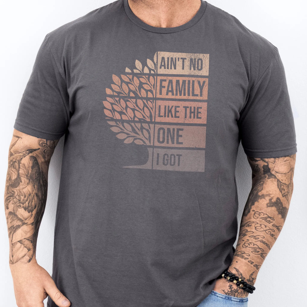 Charcoal Oakley June t shirt, Ain’t No Family Like the One I Got retro tree graphic, front view