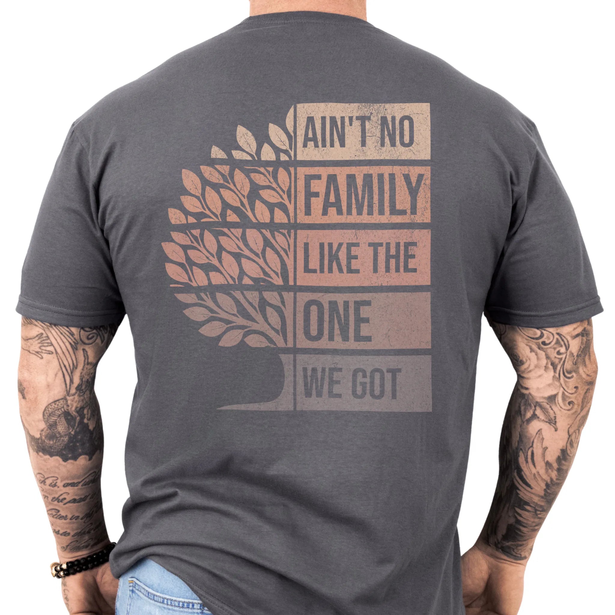 Charcoal Oakley June tee oversized back print Ain’t No Family Like the One We Got with tree graphic