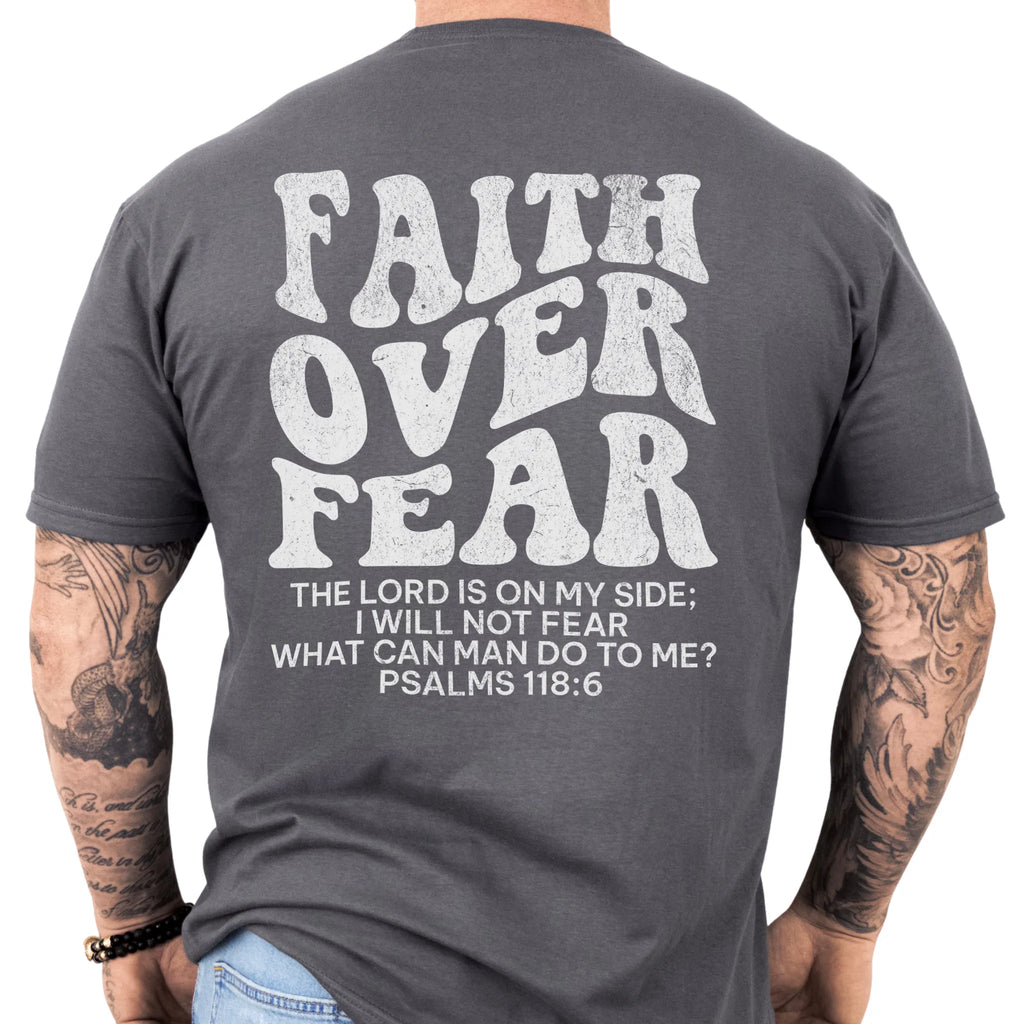 Charcoal Oakley June t shirt, mens fit, large back lettering reads Faith Over Fear with supporting scripture lines, studio back view