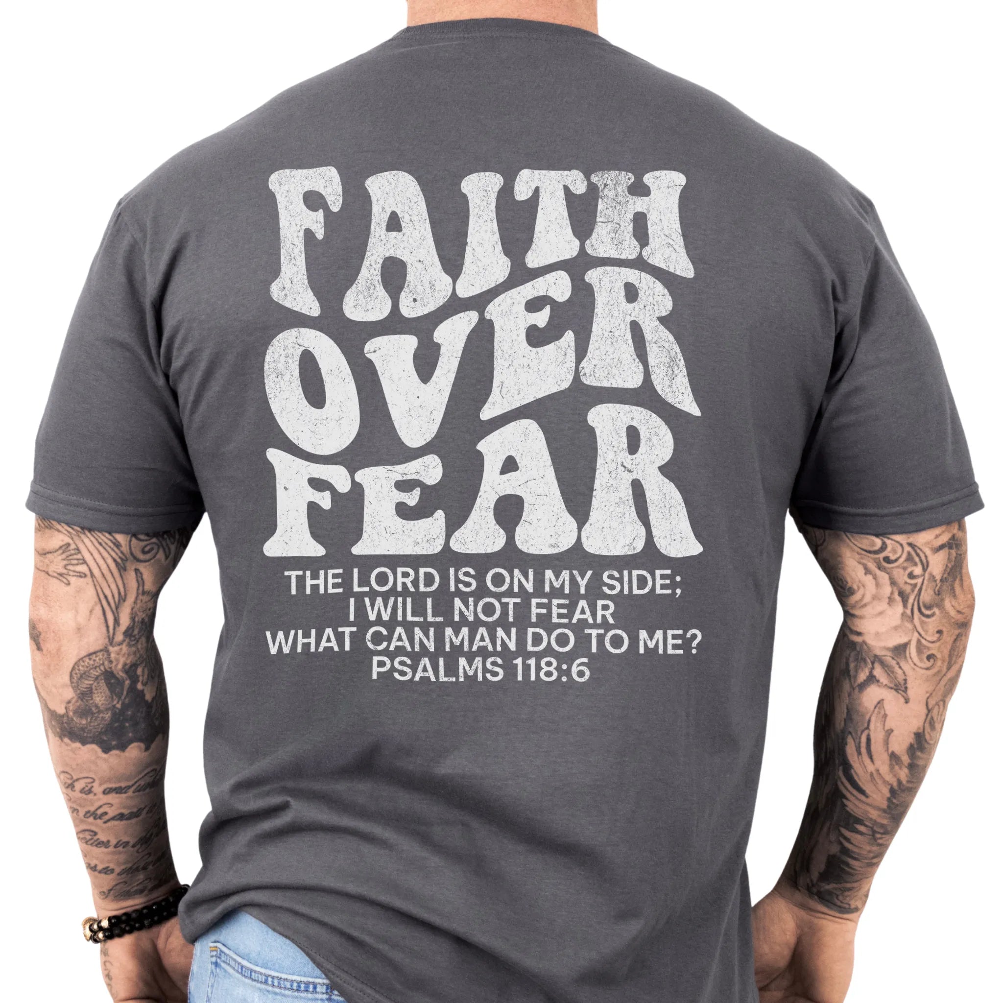 Charcoal Oakley June t shirt, mens fit, large back lettering reads Faith Over Fear with supporting scripture lines, studio back view
