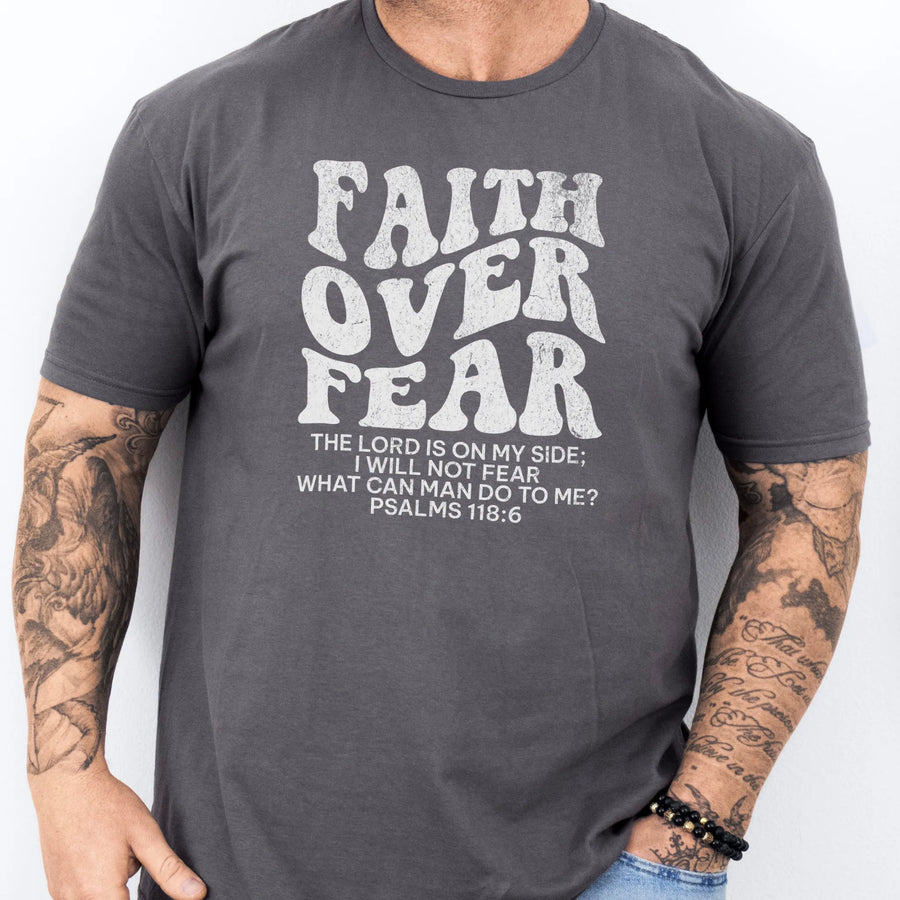 Charcoal Oakley June t shirt, mens fit, large front lettering reads Faith Over Fear with supporting scripture lines, studio front view