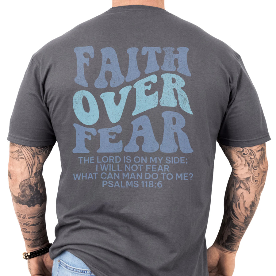 Charcoal Oakley June t shirt, mens fit, large back lettering reads Faith Over Fear with supporting scripture lines, studio back view