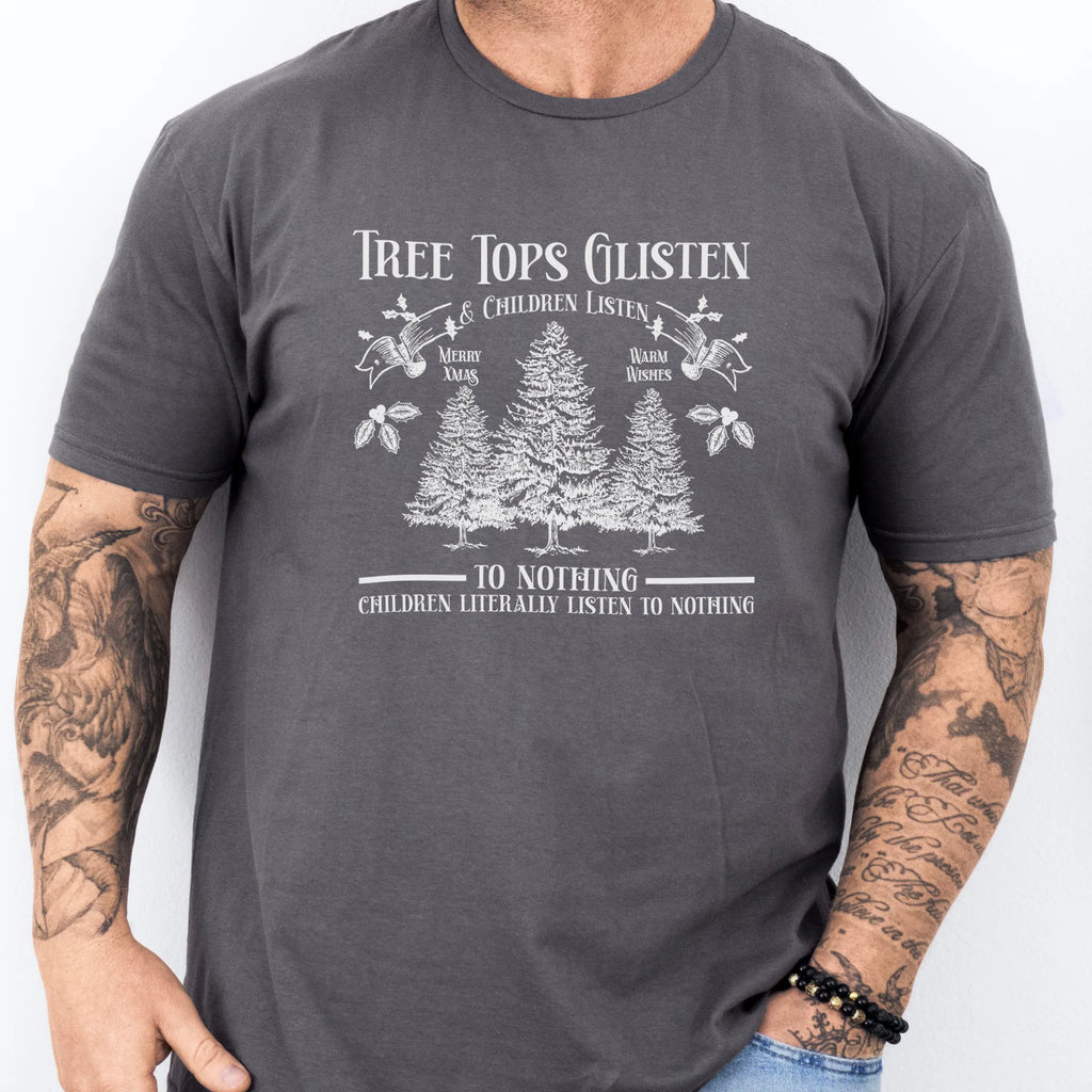 Charcoal men’s tee front print Tree Tops Glisten and Children Listen to Nothing with vintage evergreens