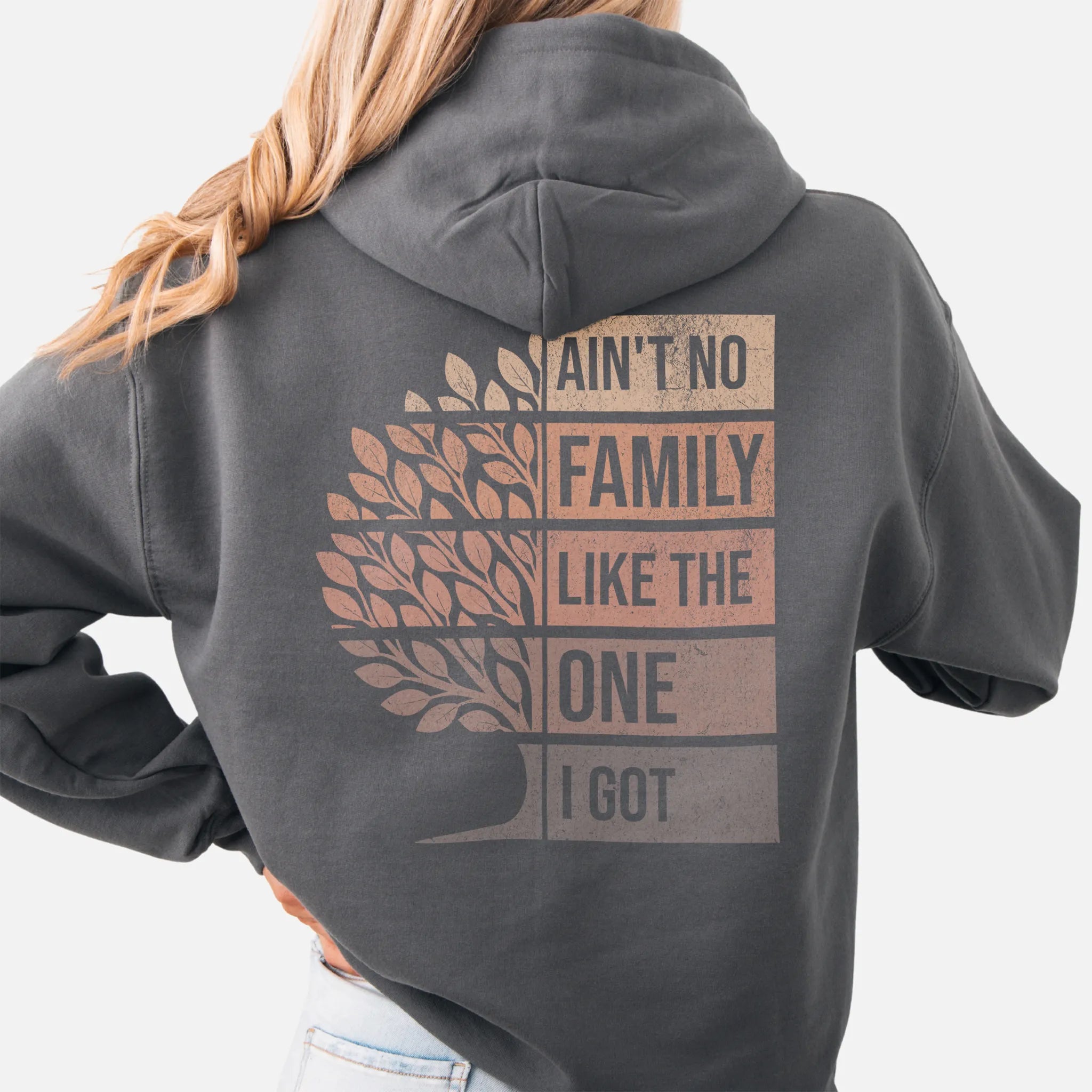 Charcoal Oakley June hoodie oversized back print Ain’t No Family Like the One I Got with tree graphic